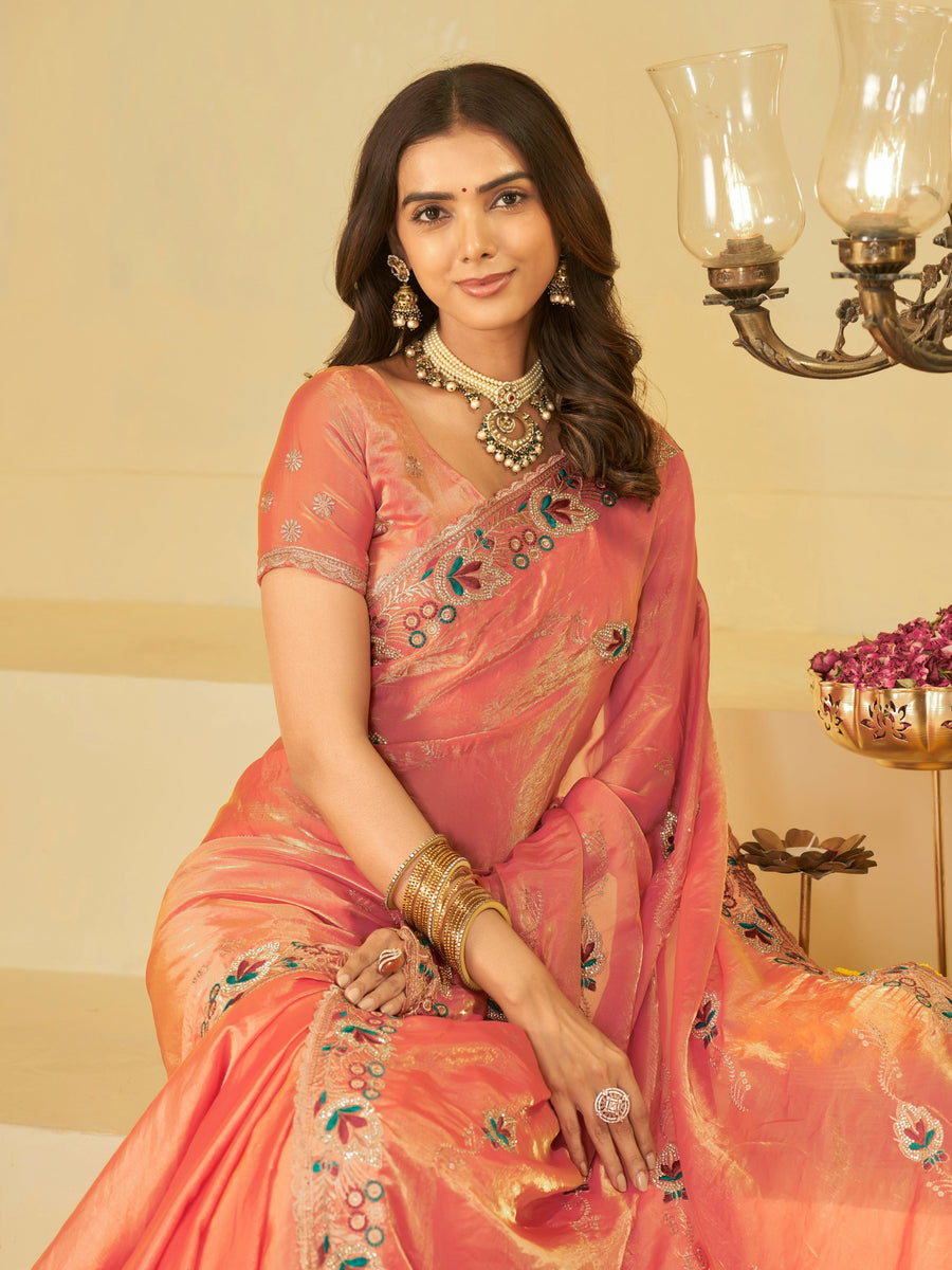 Coral Peach Designer Fendy Satin Saree with Floral Embroidered Border & Thread Work | Premium Festive Party Wear Saree