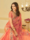 Coral Peach Designer Fendy Satin Saree with Floral Embroidered Border & Thread Work | Premium Festive Party Wear Saree