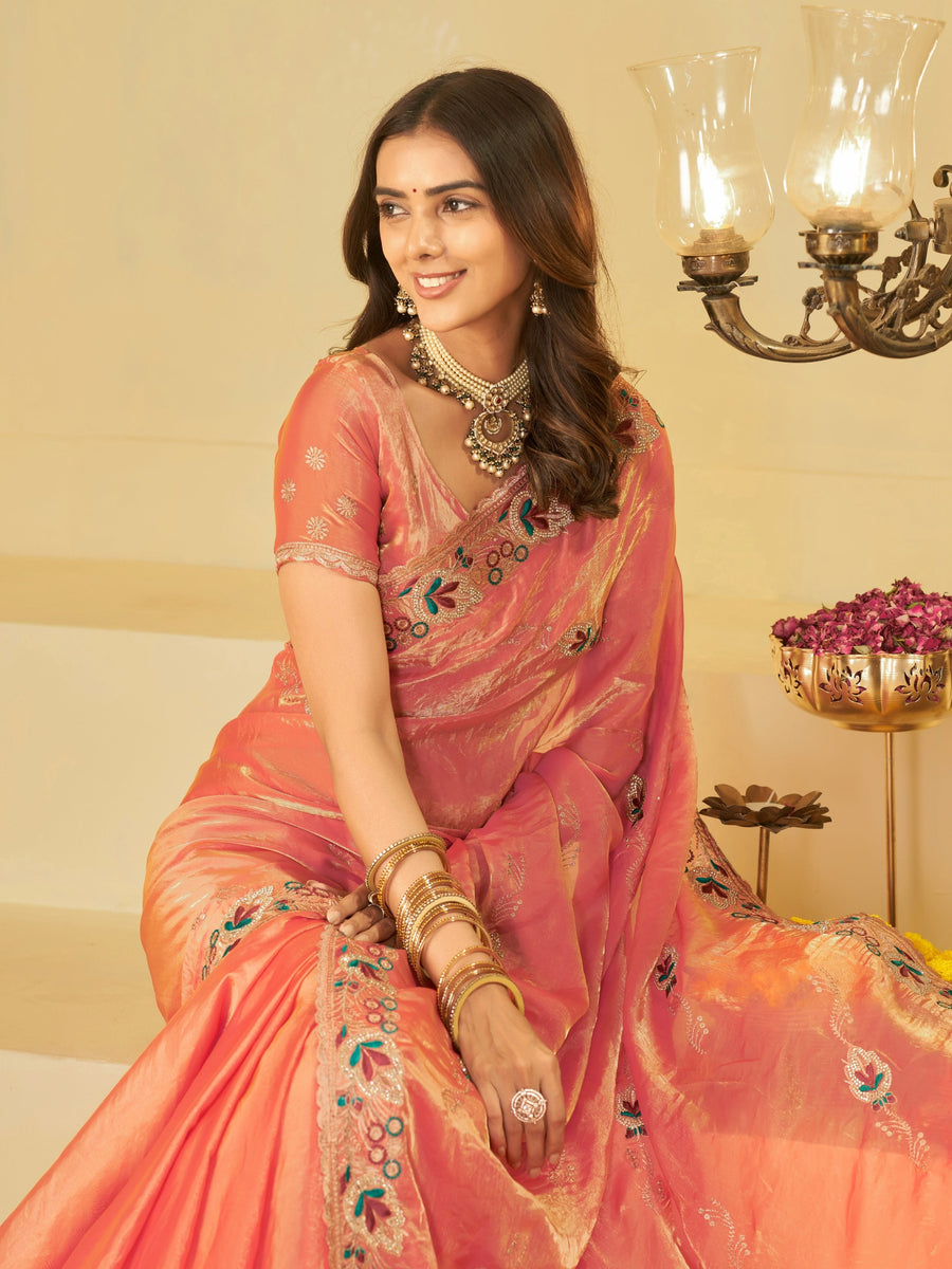 Coral Peach Designer Fendy Satin Saree with Floral Embroidered Border & Thread Work | Premium Festive Party Wear Saree