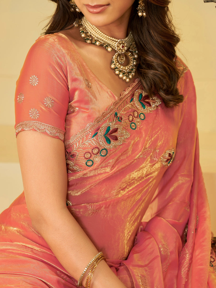 Coral Peach Designer Fendy Satin Saree with Floral Embroidered Border & Thread Work | Premium Festive Party Wear Saree