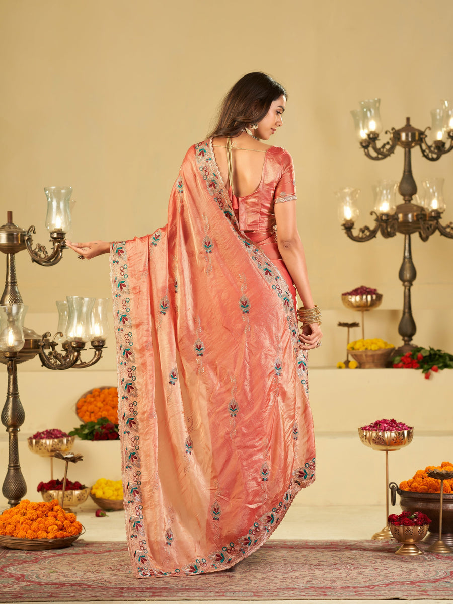 Coral Peach Designer Fendy Satin Saree with Floral Embroidered Border & Thread Work | Premium Festive Party Wear Saree