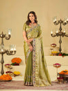 Olive Green Designer Fendy Satin Saree with Floral Embroidered Border & Multicolor Thread Work | Premium Festive Party Wear Saree