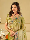 Olive Green Designer Fendy Satin Saree with Floral Embroidered Border & Multicolor Thread Work | Premium Festive Party Wear Saree