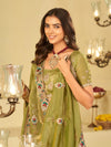 Olive Green Designer Fendy Satin Saree with Floral Embroidered Border & Multicolor Thread Work | Premium Festive Party Wear Saree