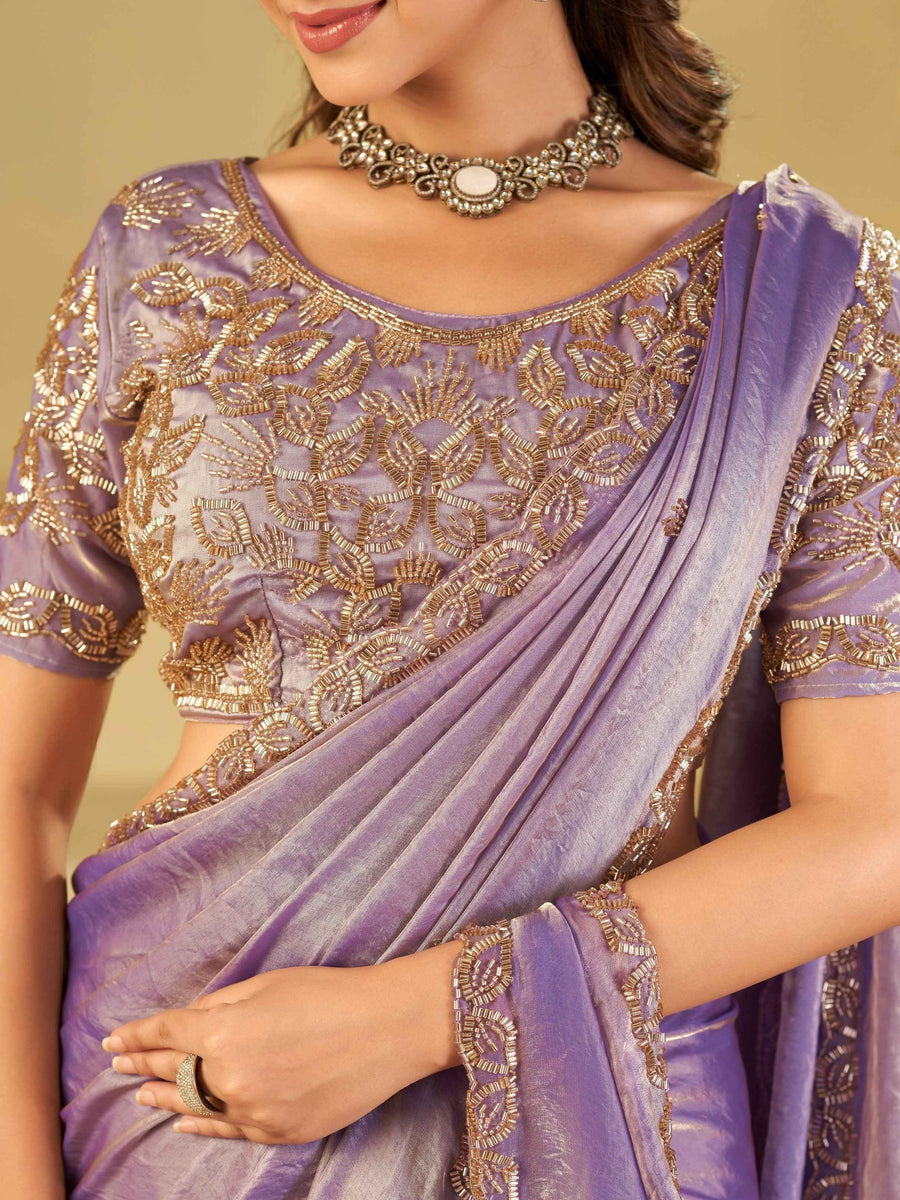 Lavender Designer Fendy Satin Saree with Heavy Embroidered Blouse & Sequin Border | Premium Wedding & Festive Wear Saree