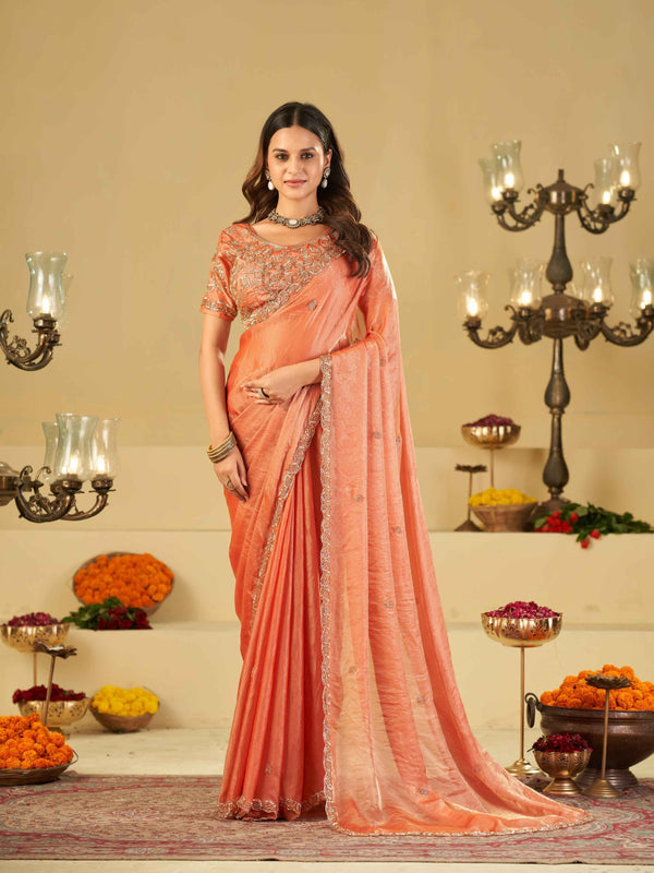 Peach Designer Fendy Satin Saree with Heavy Embroidered Blouse & Sequin Border | Wedding & Festive Saree