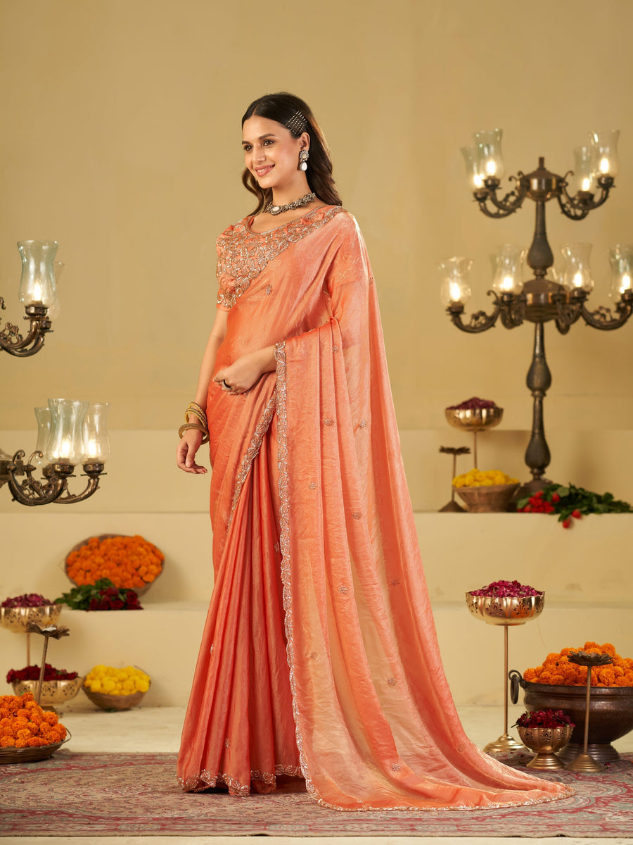 Peach Designer Fendy Satin Saree with Heavy Embroidered Blouse & Sequin Border | Wedding & Festive Saree