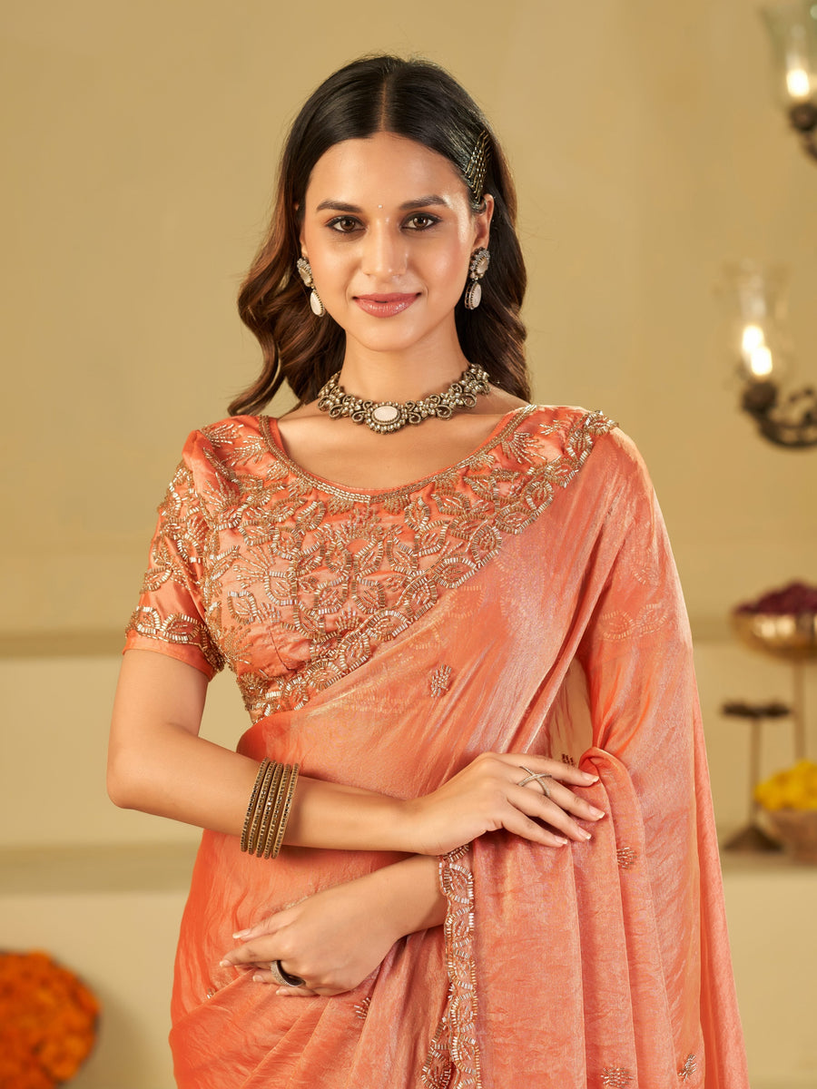 Peach Designer Fendy Satin Saree with Heavy Embroidered Blouse & Sequin Border | Wedding & Festive Saree