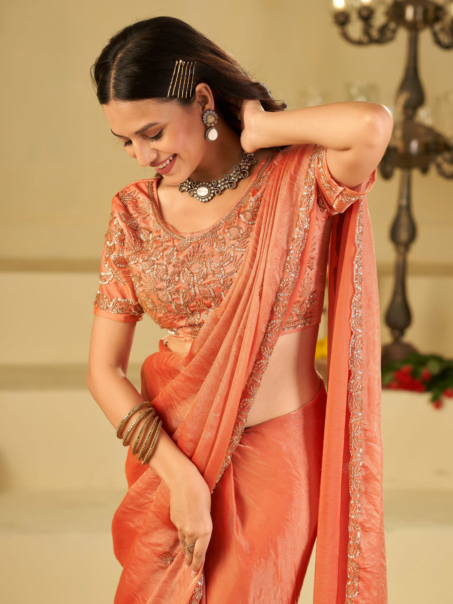 Peach Designer Fendy Satin Saree with Heavy Embroidered Blouse & Sequin Border | Wedding & Festive Saree