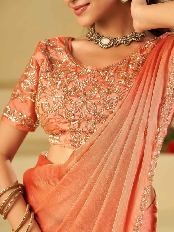 Peach Designer Fendy Satin Saree with Heavy Embroidered Blouse & Sequin Border | Wedding & Festive Saree