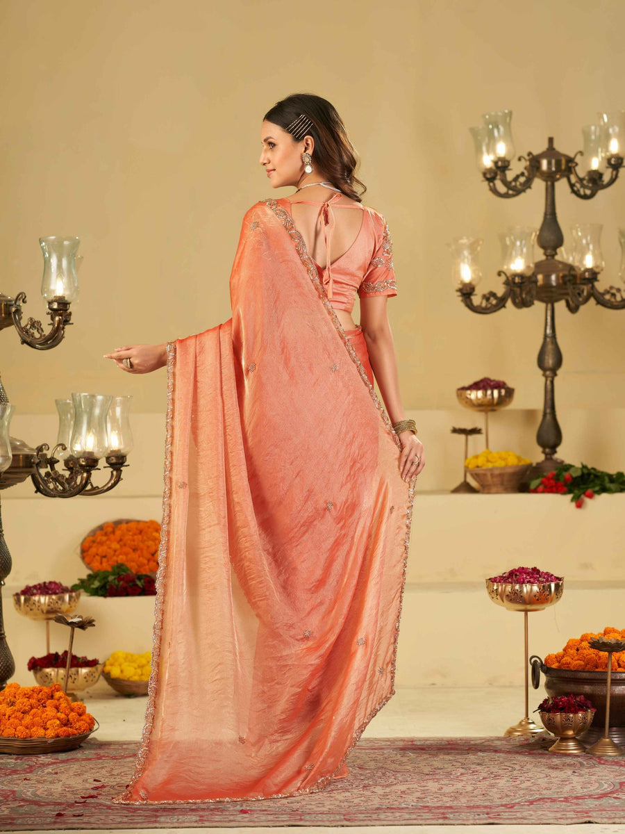 Peach Designer Fendy Satin Saree with Heavy Embroidered Blouse & Sequin Border | Wedding & Festive Saree