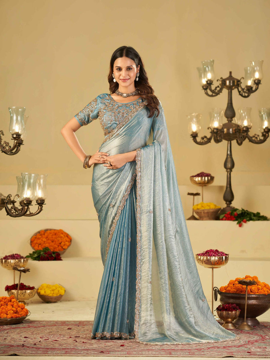 Sky Blue Designer Fendy Satin Saree with Heavy Embroidered Blouse & Sequin Border | Festive & Wedding Saree