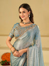Sky Blue Designer Fendy Satin Saree with Heavy Embroidered Blouse & Sequin Border | Festive & Wedding Saree