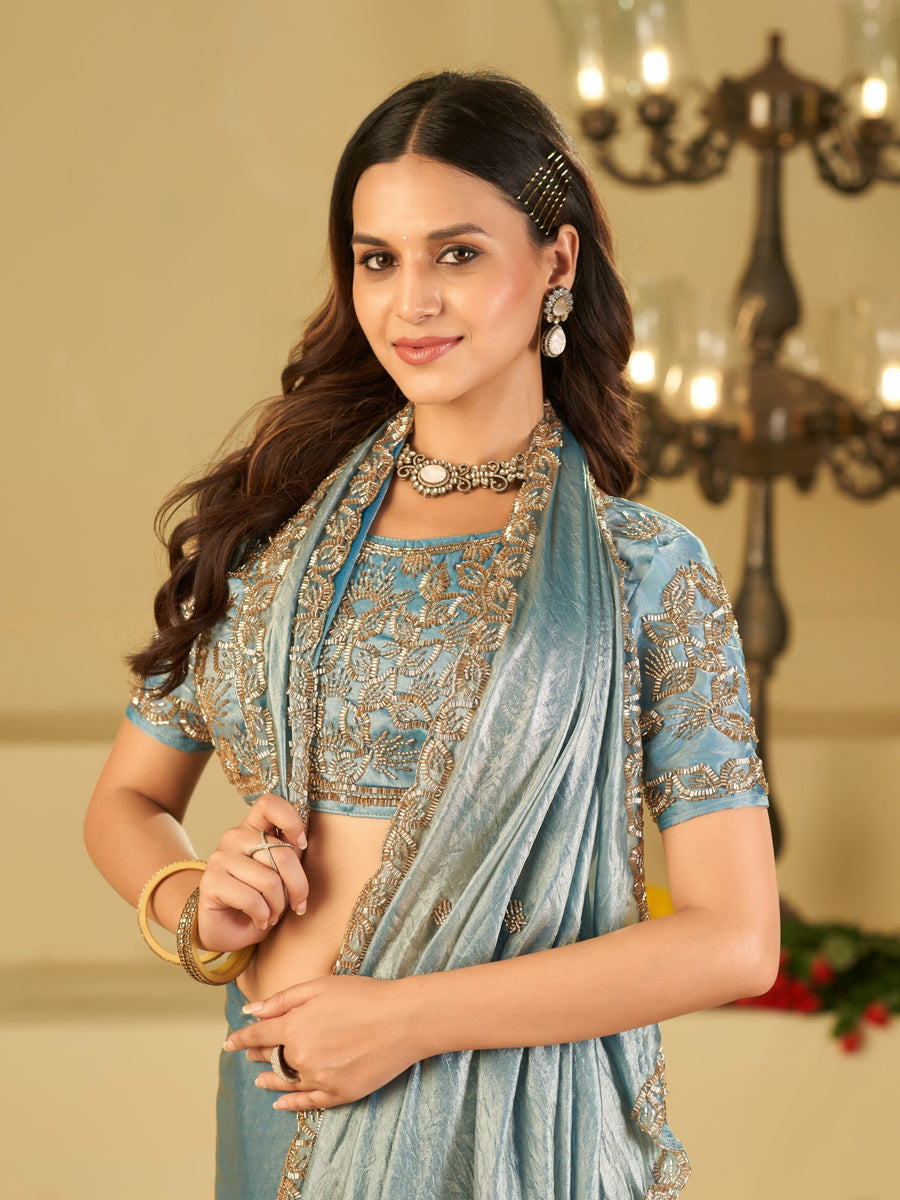 Sky Blue Designer Fendy Satin Saree with Heavy Embroidered Blouse & Sequin Border | Festive & Wedding Saree