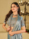 Sky Blue Designer Fendy Satin Saree with Heavy Embroidered Blouse & Sequin Border | Festive & Wedding Saree