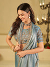 Sky Blue Designer Fendy Satin Saree with Heavy Embroidered Blouse & Sequin Border | Festive & Wedding Saree
