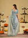 Sky Blue Designer Fendy Satin Saree with Heavy Embroidered Blouse & Sequin Border | Festive & Wedding Saree