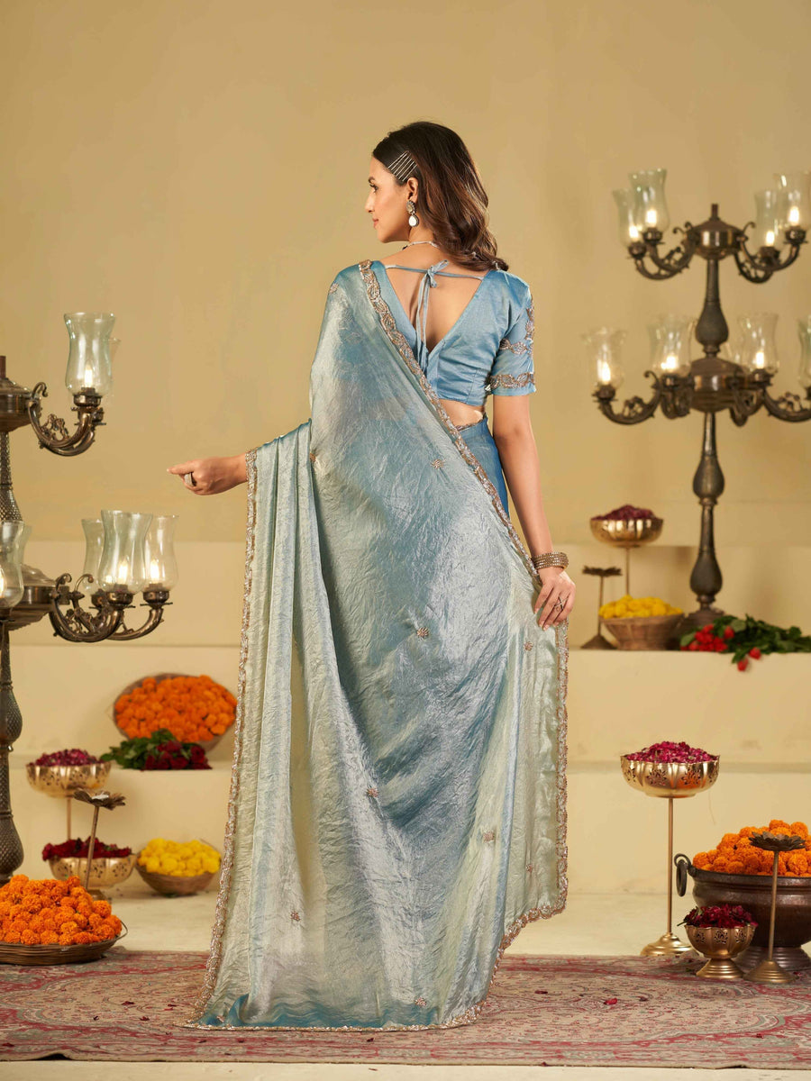 Sky Blue Designer Fendy Satin Saree with Heavy Embroidered Blouse & Sequin Border | Festive & Wedding Saree