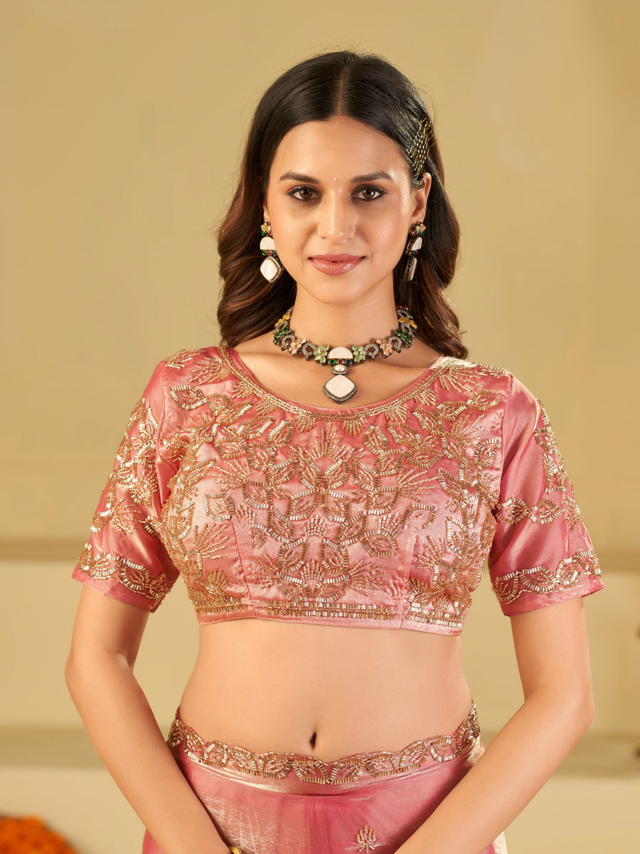 Baby Pink Designer Fendy Satin Saree with Heavy Embroidered Blouse & Sequin Border | Premium Wedding & Festive Saree