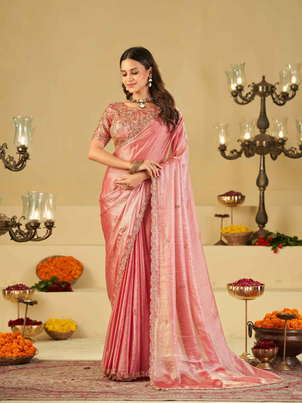 Baby Pink Designer Fendy Satin Saree with Heavy Embroidered Blouse & Sequin Border | Premium Wedding & Festive Saree