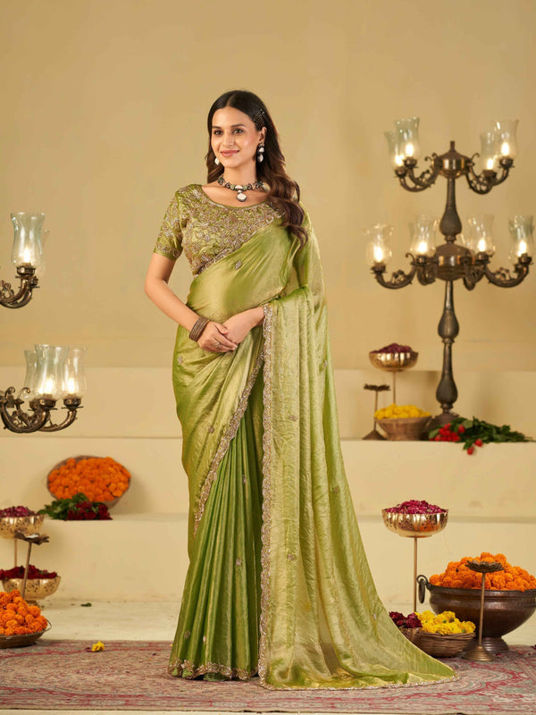 Pista Green Designer Fendy Satin Saree with Heavy Embroidered Blouse & Sequin Border | Premium Festive Wedding Saree