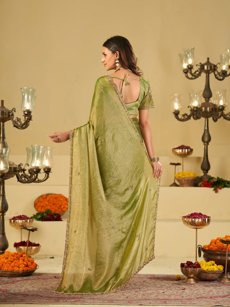 Pista Green Designer Fendy Satin Saree with Heavy Embroidered Blouse & Sequin Border | Premium Festive Wedding Saree