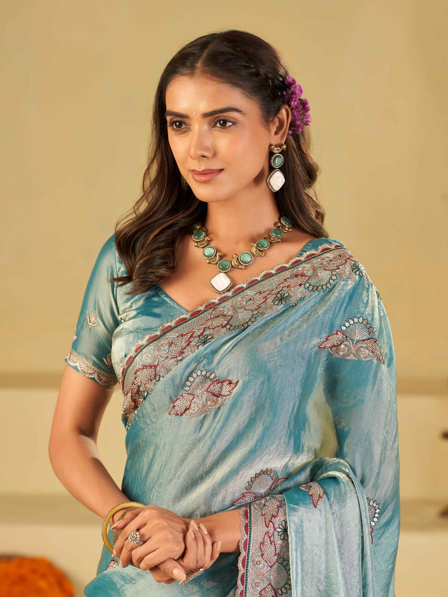 Sky Blue Designer Fendy Satin Saree with Floral Embroidered Border & Thread Work | Premium Festive Party Wear Saree
