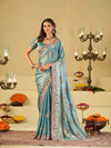 Sky Blue Designer Fendy Satin Saree with Floral Embroidered Border & Thread Work | Premium Festive Party Wear Saree