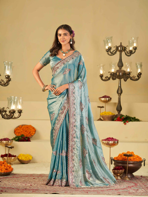 Sky Blue Designer Fendy Satin Saree with Floral Embroidered Border & Thread Work | Premium Festive Party Wear Saree