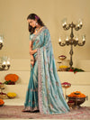 Sky Blue Designer Fendy Satin Saree with Floral Embroidered Border & Thread Work | Premium Festive Party Wear Saree