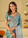 Sky Blue Designer Fendy Satin Saree with Floral Embroidered Border & Thread Work | Premium Festive Party Wear Saree