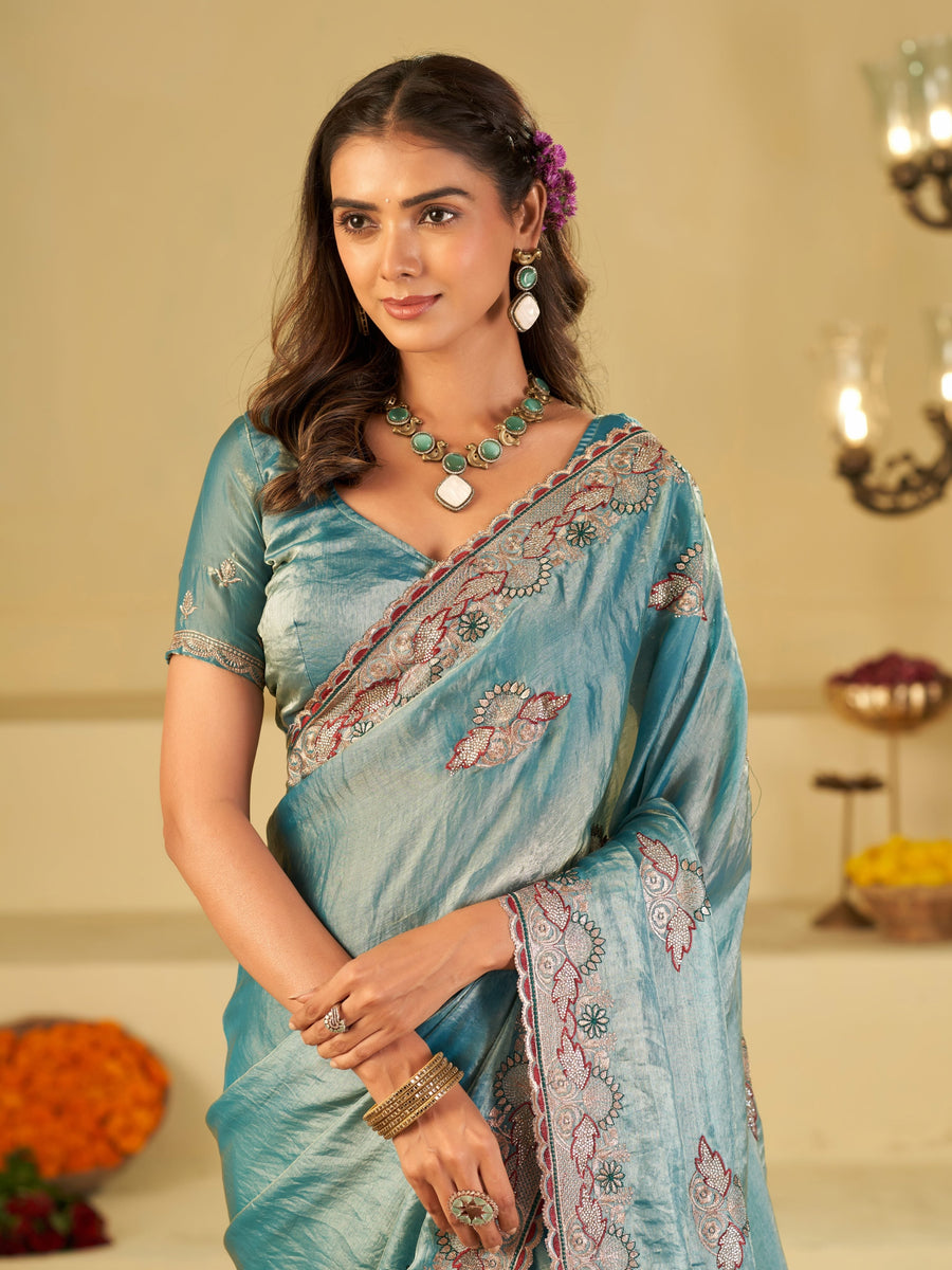 Sky Blue Designer Fendy Satin Saree with Floral Embroidered Border & Thread Work | Premium Festive Party Wear Saree