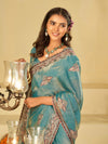 Sky Blue Designer Fendy Satin Saree with Floral Embroidered Border & Thread Work | Premium Festive Party Wear Saree