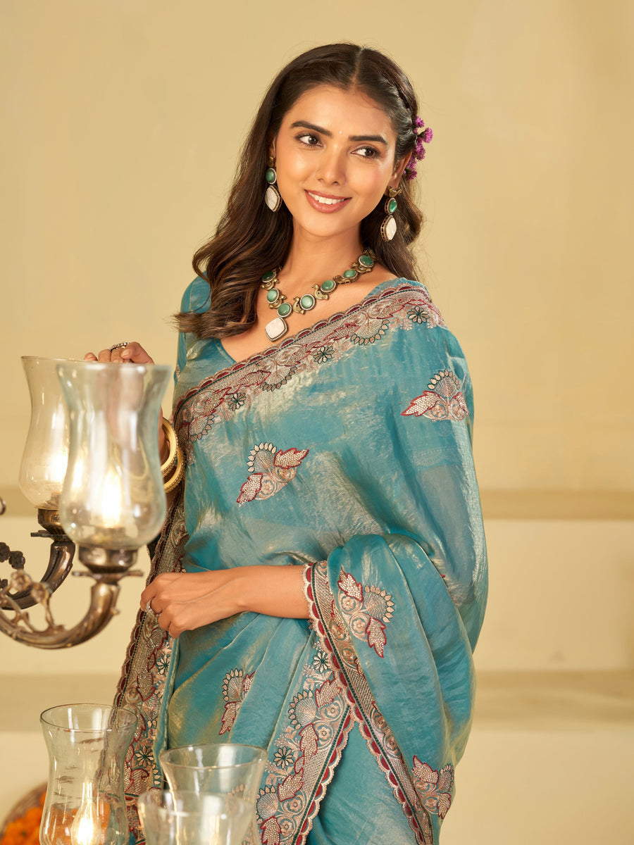 Sky Blue Designer Fendy Satin Saree with Floral Embroidered Border & Thread Work | Premium Festive Party Wear Saree