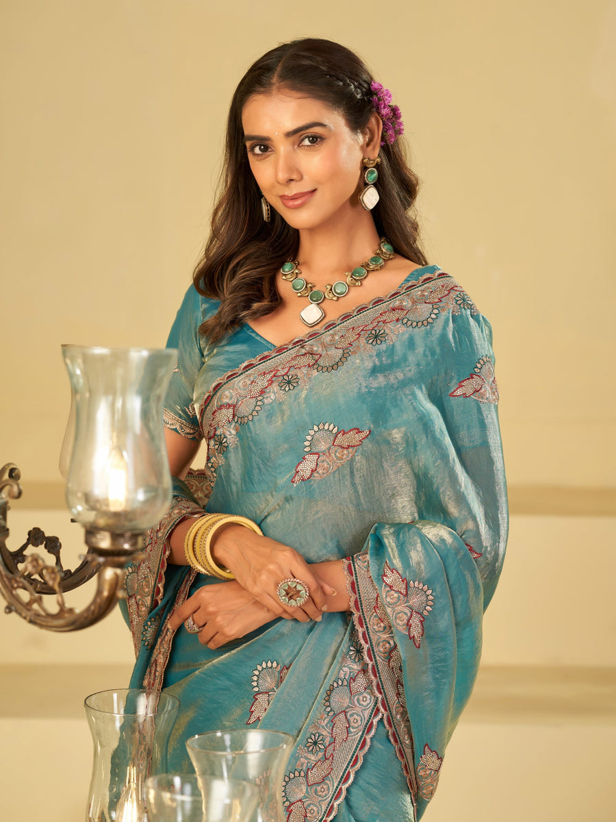 Sky Blue Designer Fendy Satin Saree with Floral Embroidered Border & Thread Work | Premium Festive Party Wear Saree