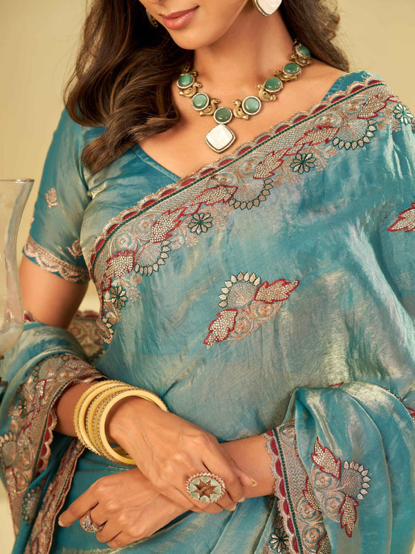 Sky Blue Designer Fendy Satin Saree with Floral Embroidered Border & Thread Work | Premium Festive Party Wear Saree