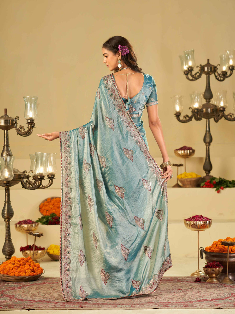 Sky Blue Designer Fendy Satin Saree with Floral Embroidered Border & Thread Work | Premium Festive Party Wear Saree