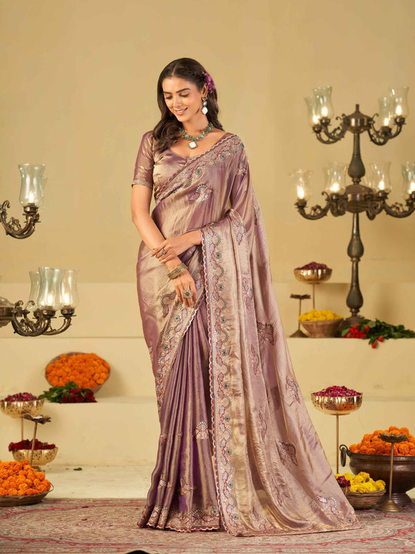 Lavender Designer Fendy Satin Saree with Floral Embroidered Border & Thread Work | Premium Festive Party Wear Saree