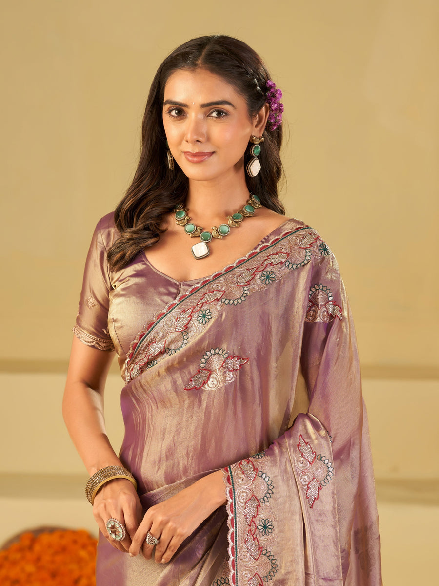 Lavender Designer Fendy Satin Saree with Floral Embroidered Border & Thread Work | Premium Festive Party Wear Saree