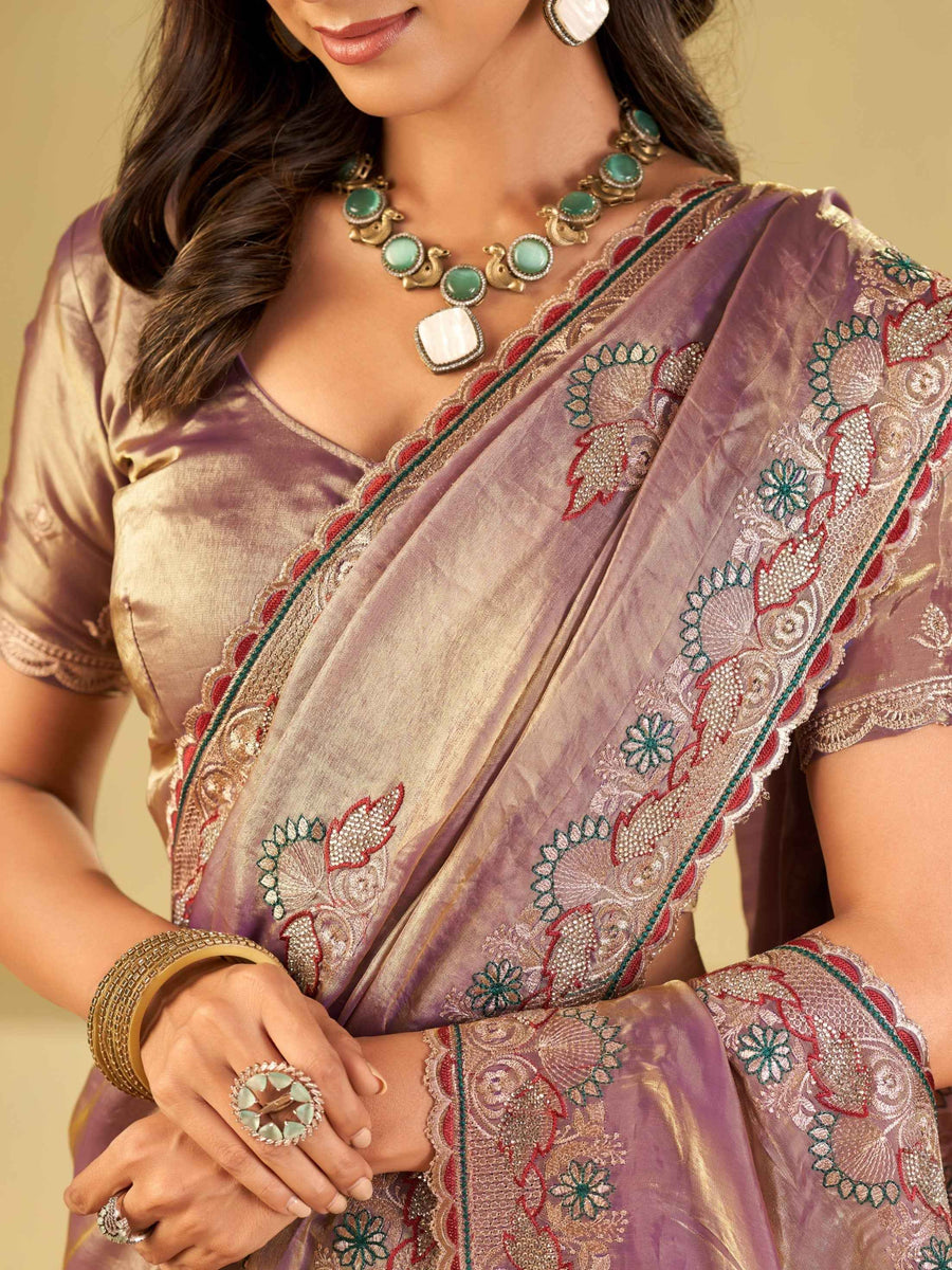 Lavender Designer Fendy Satin Saree with Floral Embroidered Border & Thread Work | Premium Festive Party Wear Saree