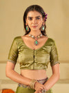 Olive Green Designer Fendy Satin Saree with Floral Embroidered Border & Thread Work | Premium Festive Party Wear Saree