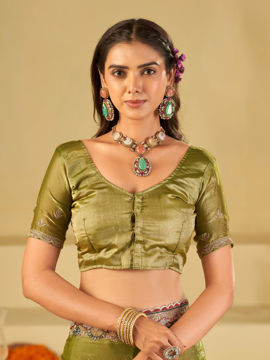Olive Green Designer Fendy Satin Saree with Floral Embroidered Border & Thread Work | Premium Festive Party Wear Saree