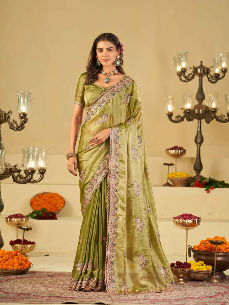 Olive Green Designer Fendy Satin Saree with Floral Embroidered Border & Thread Work | Premium Festive Party Wear Saree
