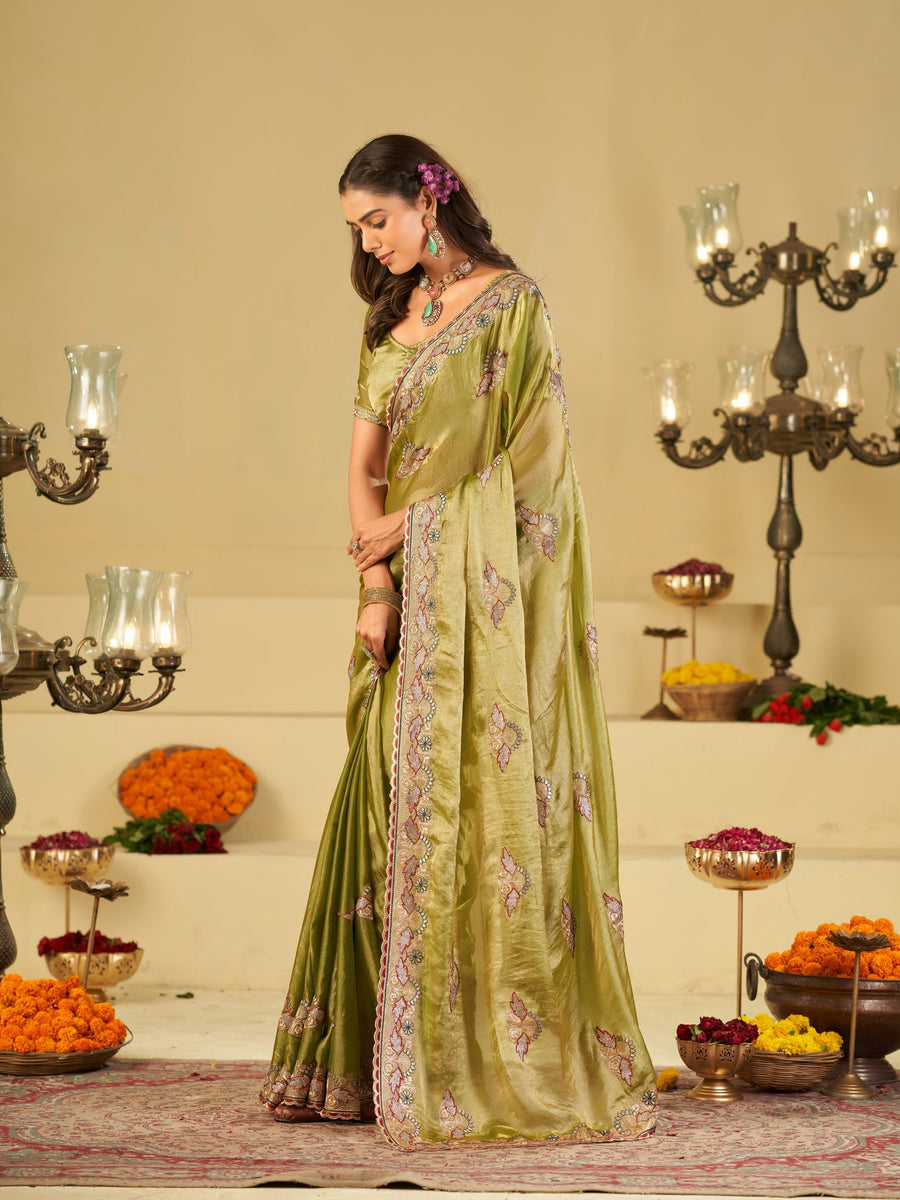 Olive Green Designer Fendy Satin Saree with Floral Embroidered Border & Thread Work | Premium Festive Party Wear Saree