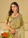 Olive Green Designer Fendy Satin Saree with Floral Embroidered Border & Thread Work | Premium Festive Party Wear Saree