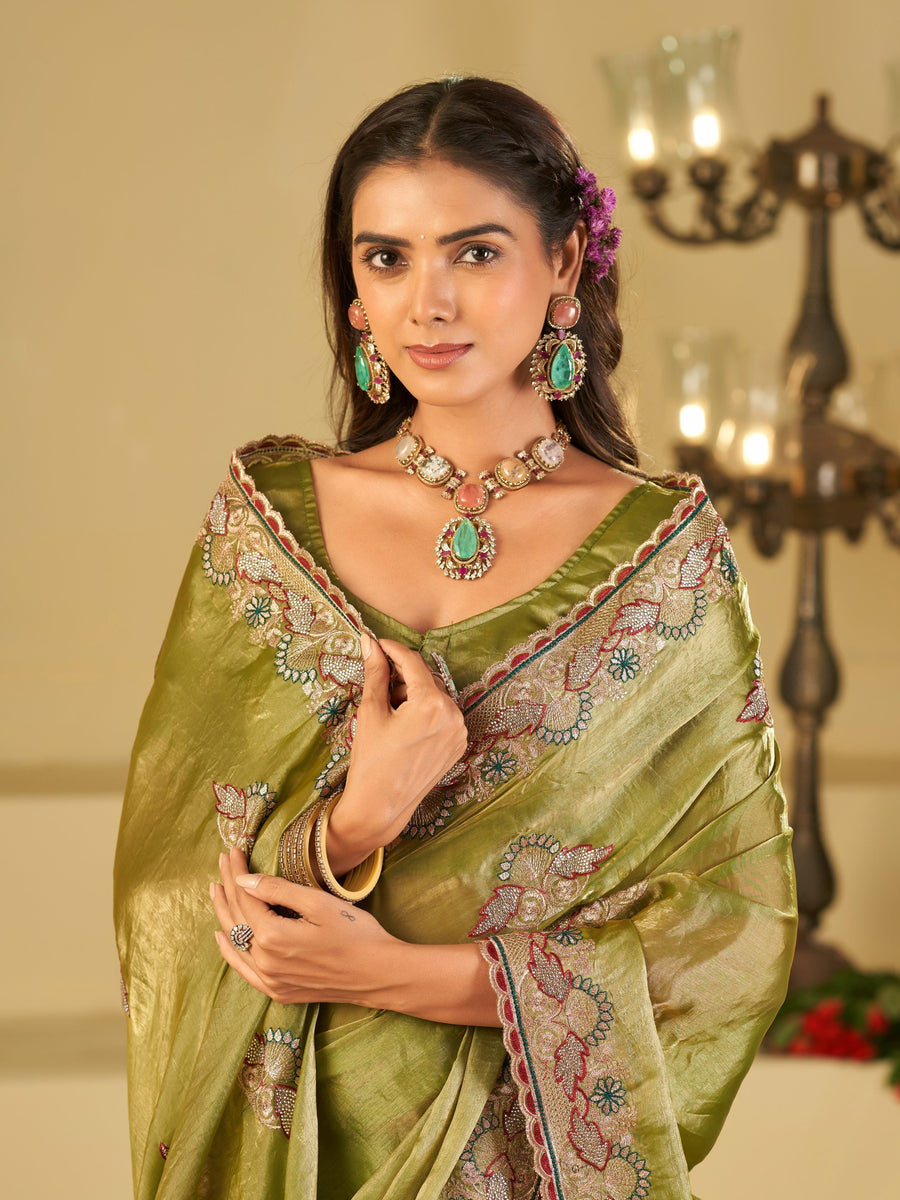 Olive Green Designer Fendy Satin Saree with Floral Embroidered Border & Thread Work | Premium Festive Party Wear Saree
