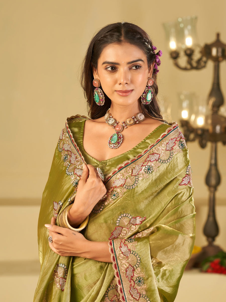 Olive Green Designer Fendy Satin Saree with Floral Embroidered Border & Thread Work | Premium Festive Party Wear Saree