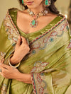 Olive Green Designer Fendy Satin Saree with Floral Embroidered Border & Thread Work | Premium Festive Party Wear Saree