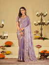 Lavender Premium Fendy Satin Saree with Floral Embroidered Border & Designer Thread Work | Festive Party Wear Saree