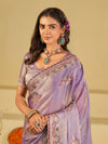 Lavender Premium Fendy Satin Saree with Floral Embroidered Border & Designer Thread Work | Festive Party Wear Saree